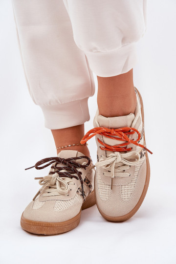 Sneakers Stilvollllschuhe Feminin Z PodZuójnym Schnürungm mit Leopardenfellmuster Beige Ollabes