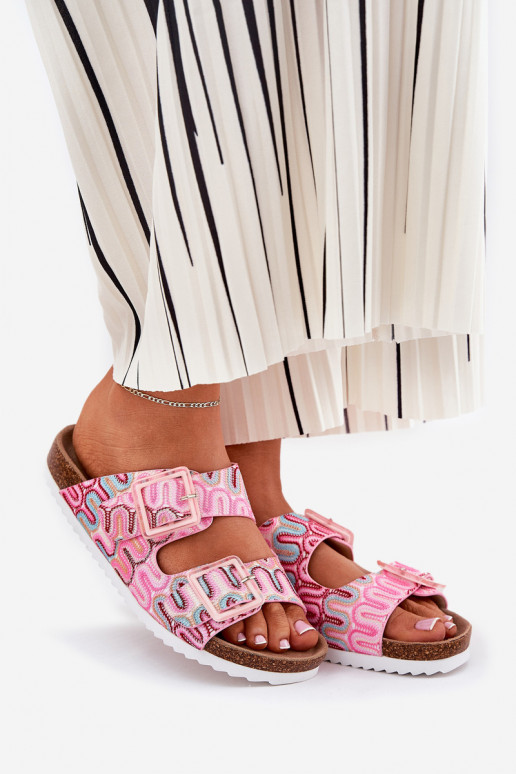 Damenhausschuhe mit Schnallen Und Glitzer S.Barski RB51-006 pinke Farbe