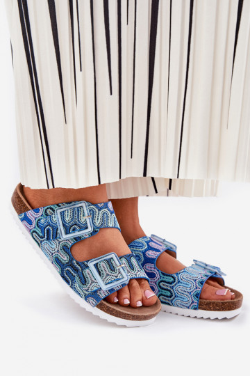 Damenhausschuhe mit Schnallen Und Glitzer S.Barski RB51-006 blaue Farbe