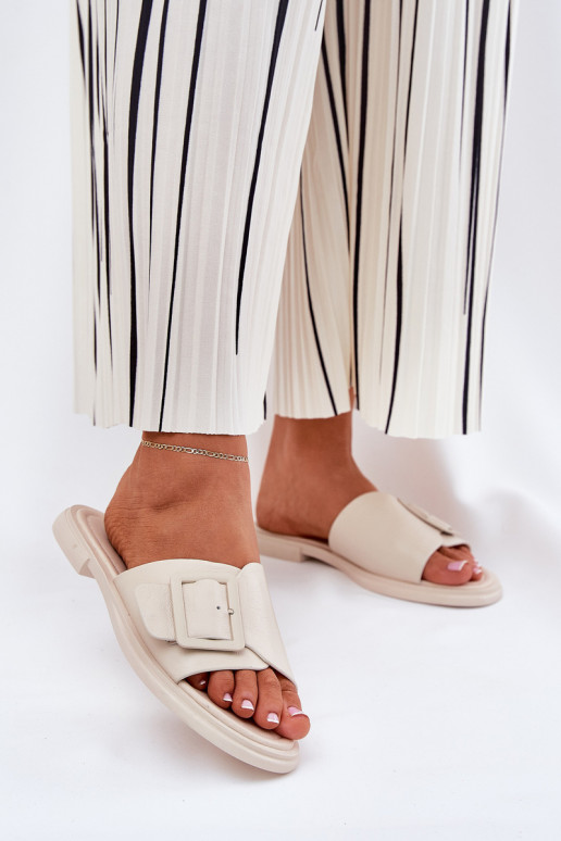 Lederhausschuhe Feminin mit Schnallen D&A SJ2302-01 Beige