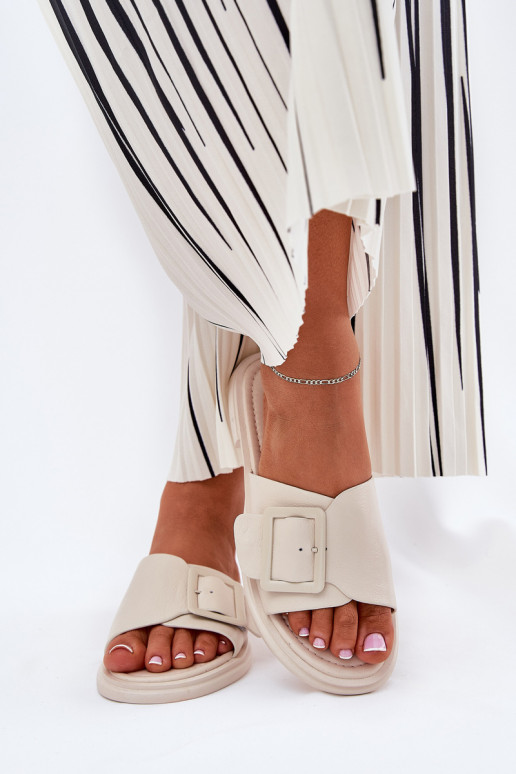 Lederhausschuhe Feminin mit Schnallen D&A SJ2302-01 Beige