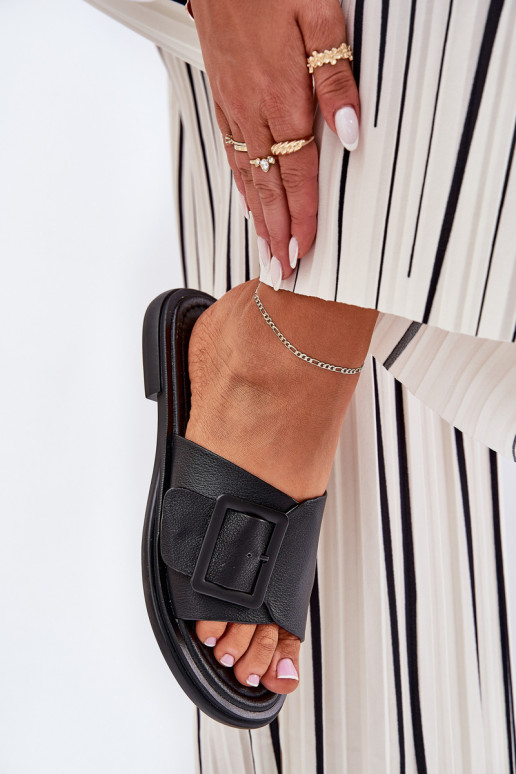 Lederhausschuhe Feminin mit Schnallen D&A SJ2302-01 schZuarze Farbe