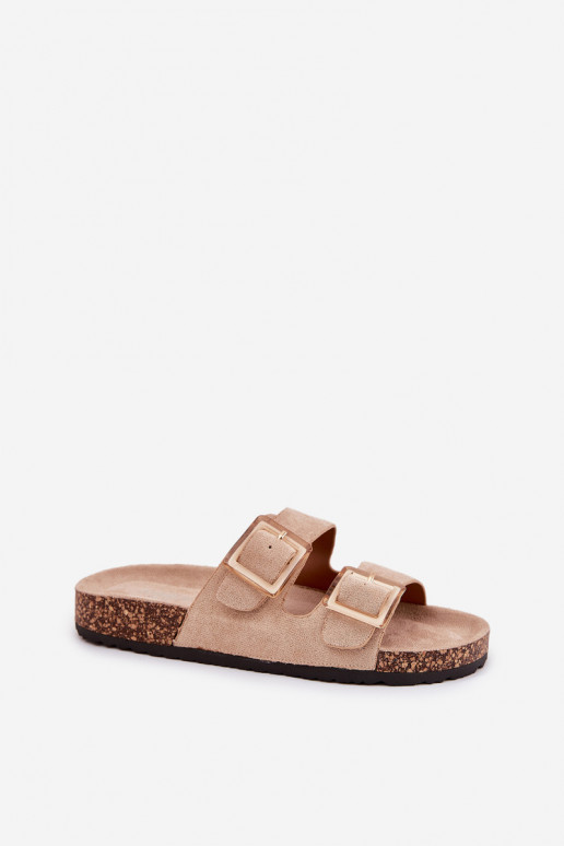 Damenhausschuhe mit Schnallen Auf einer Korksohle Beige mit Herzenle Damenhausschuhe mit Schnallen Auf einer Korksohle Beige mit Herzenle