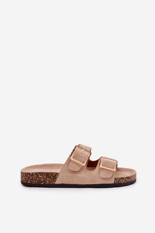 Damenhausschuhe mit Schnallen Auf einer Korksohle Beige mit Herzenle Damenhausschuhe mit Schnallen Auf einer Korksohle Beige mit Herzenle