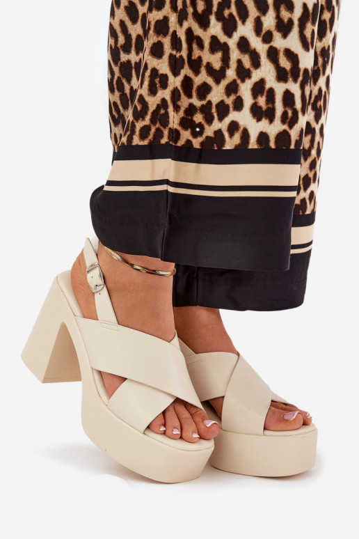 Damen-Sandalen mit hohen Absätzen und Plattform aus Öko-Leder elfenbeinfarbe Annavin