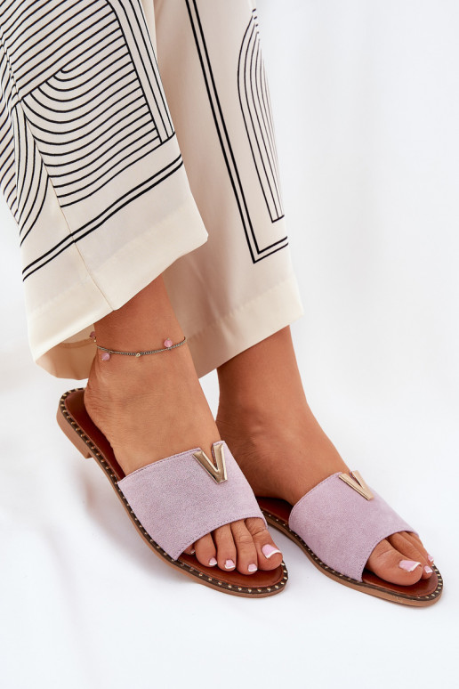 Damenhausschuhe mit breiten Absätzen Mit Dekorationeni Detalami Violette Farbe Saliena Damenhausschuhe mit breiten Absätzen Mit Dekorationeni Detalami Violette Farbe Saliena