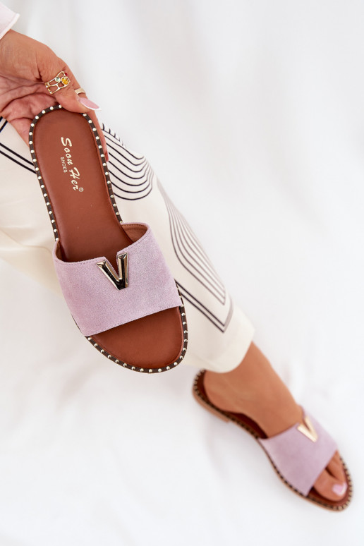 Damenhausschuhe mit breiten Absätzen Mit Dekorationeni Detalami Violette Farbe Saliena Damenhausschuhe mit breiten Absätzen Mit Dekorationeni Detalami Violette Farbe Saliena