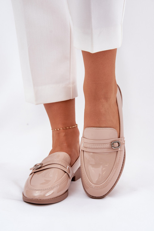 Lackierte Mokassins Feminin dekorieren mit Schnallen Beige Mollan Lackierte Mokassins Feminin dekorieren mit Schnallen Beige Mollan