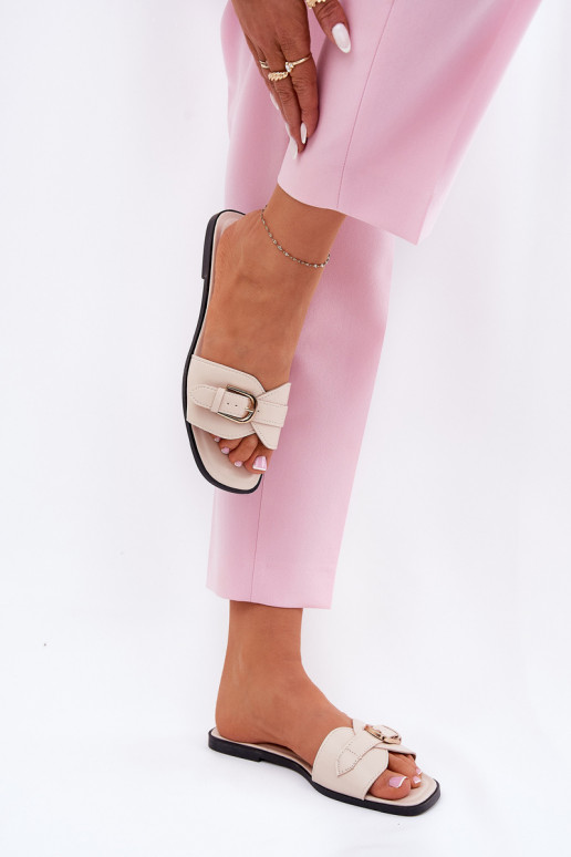 gleichschenklig Damenhausschuhe mit goldenen Schnallen Beige Esiobb