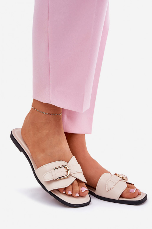 gleichschenklig Damenhausschuhe mit goldenen Schnallen Beige Esiobb