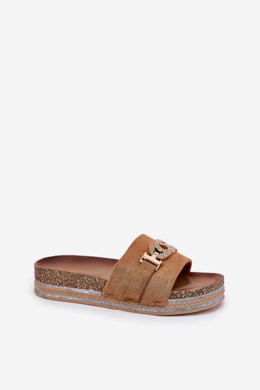 Damenhausschuhe Ze goldene Farbem Detalem mit einer Plattform mit Glanz braune Farbe Eanes Damenhausschuhe Ze goldene Farbem Detalem mit einer Plattform mit Glanz braune Farbe Eanes