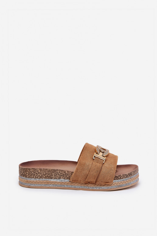 Damenhausschuhe Ze goldene Farbem Detalem mit einer Plattform mit Glanz braune Farbe Eanes Damenhausschuhe Ze goldene Farbem Detalem mit einer Plattform mit Glanz braune Farbe Eanes