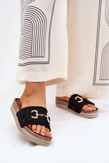Damen-Pantoletten mit Plattform, goldenen Details und Glitzer in Schwarz Morisela