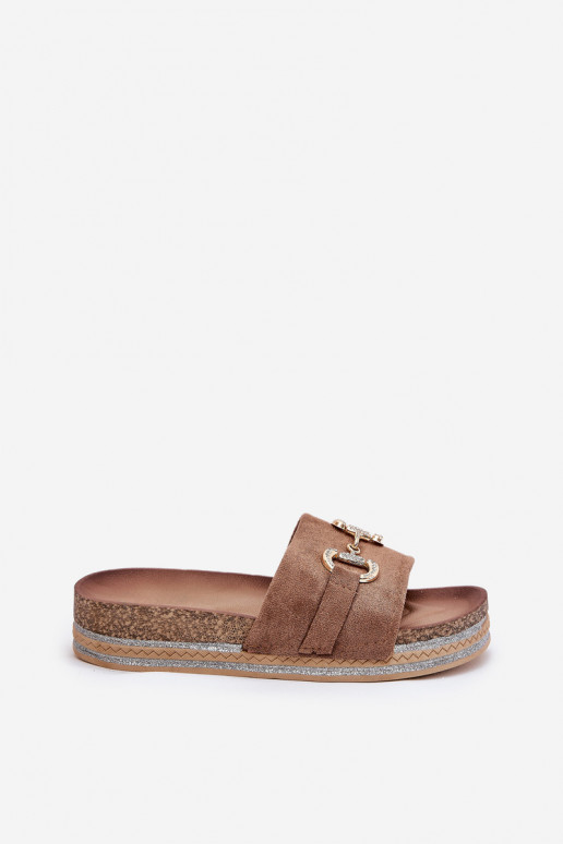 Damenhausschuhe mit einer Plattform mit goldenen Details Und Glitzer Khaki-Farbe Morisela Damenhausschuhe mit einer Plattform mit goldenen Details Und Glitzer Khaki-Farbe Morisela