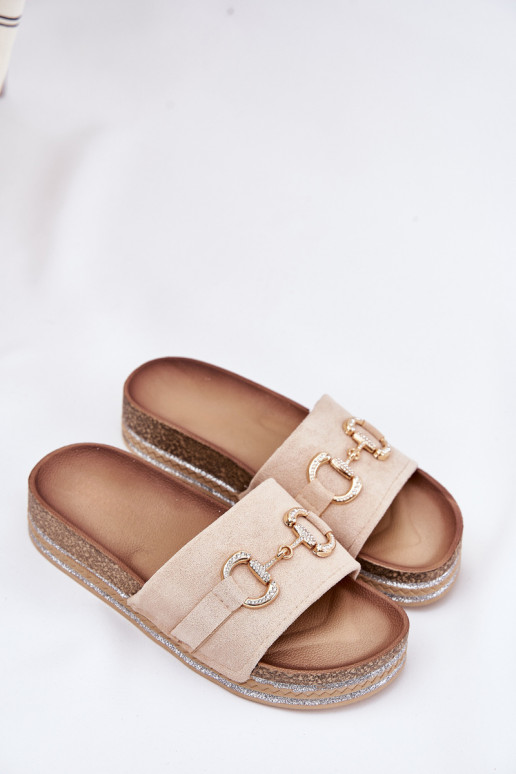 Damenhausschuhe mit einer Plattform mit goldenen Details Und Glitzer Beige Morisela Damenhausschuhe mit einer Plattform mit goldenen Details Und Glitzer Beige Morisela