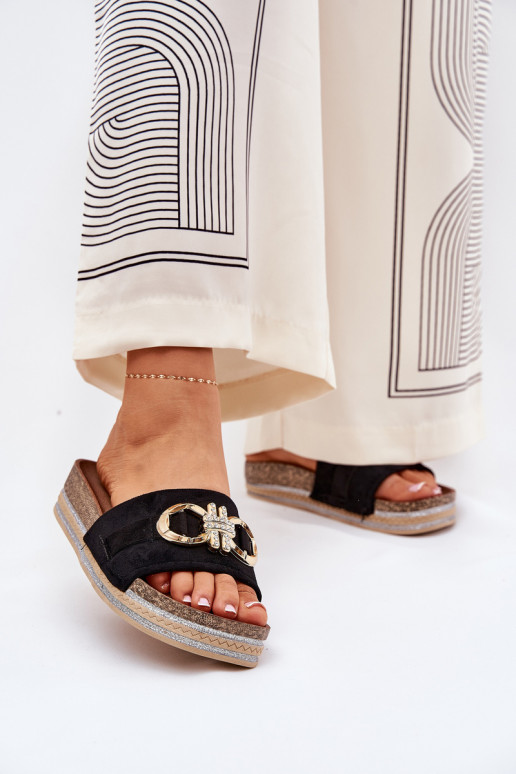 Damenhausschuhe mit einer Plattform mit Glanz I Złotą Ozdobą schZuarze Farbe Rilirea Damenhausschuhe mit einer Plattform mit Glanz I Złotą Ozdobą schZuarze Farbe Rilirea