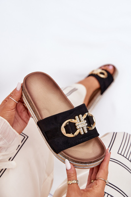 Damenhausschuhe mit einer Plattform mit Glanz I Złotą Ozdobą schZuarze Farbe Rilirea Damenhausschuhe mit einer Plattform mit Glanz I Złotą Ozdobą schZuarze Farbe Rilirea