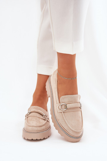 Mokassins für Damen Dekoriert Cyrkoniami Beige Patina 2