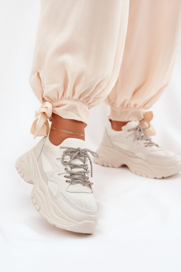 Sneakers Stilvollllschuhe Feminin mit einer Plattform Ozdobnym Schnürungm Beige Evalianne