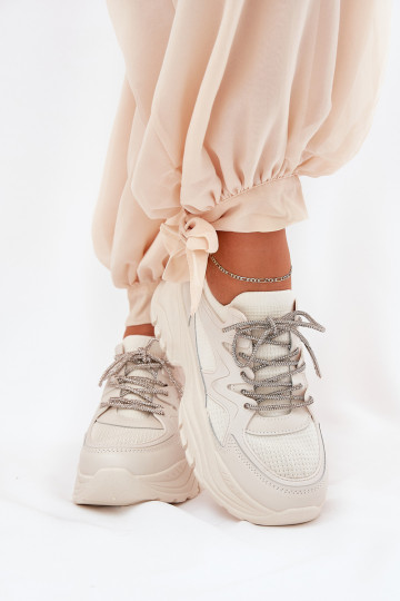 Sneakers Stilvollllschuhe Feminin mit einer Plattform Ozdobnym Schnürungm Beige Evalianne 2