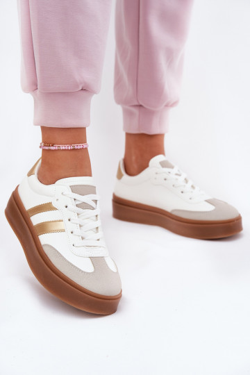 Sneakers Stilvollllschuhe Feminin mit einer Plattform aus Öko-Leder INeiß-goldene Farbe Elaraven 2