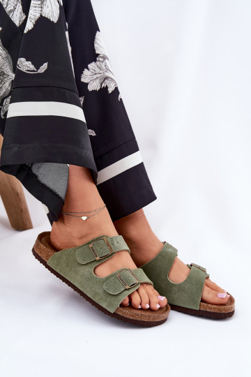 INildleder-Hausschuhe für Damen mit Schnallen Big Star RR274A393 grüne Farbe