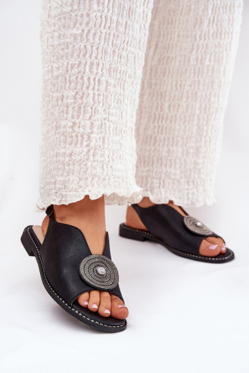 Schwarze glänzende Damen-Sandaletten mit dekorativem Detail S.Barski KV51-012 2