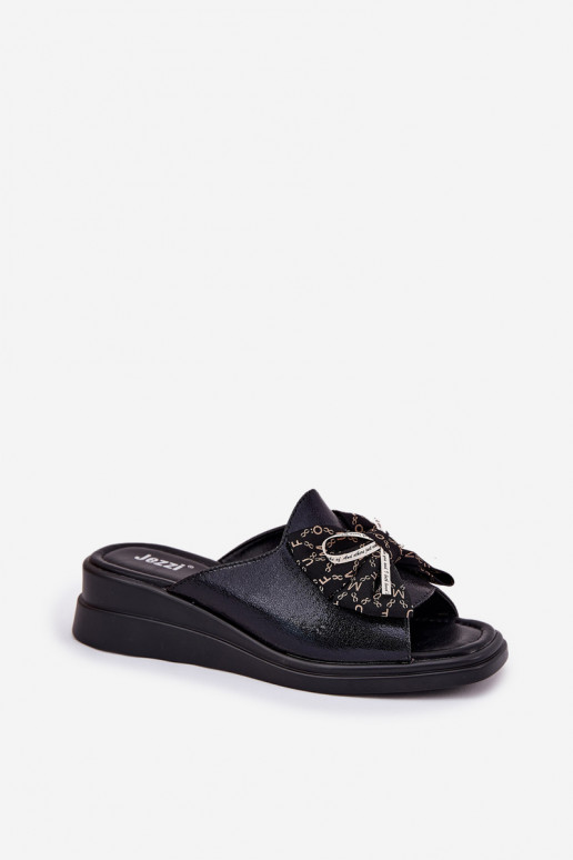 Damenhausschuhe Auf einem Keil mit Bändern schZuarze Farbe Moonzella Damenhausschuhe Auf einem Keil mit Bändern schZuarze Farbe Moonzella