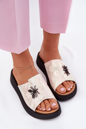 Lederhausschuhe Feminin Z Broszką Vinceza 66752 Beige