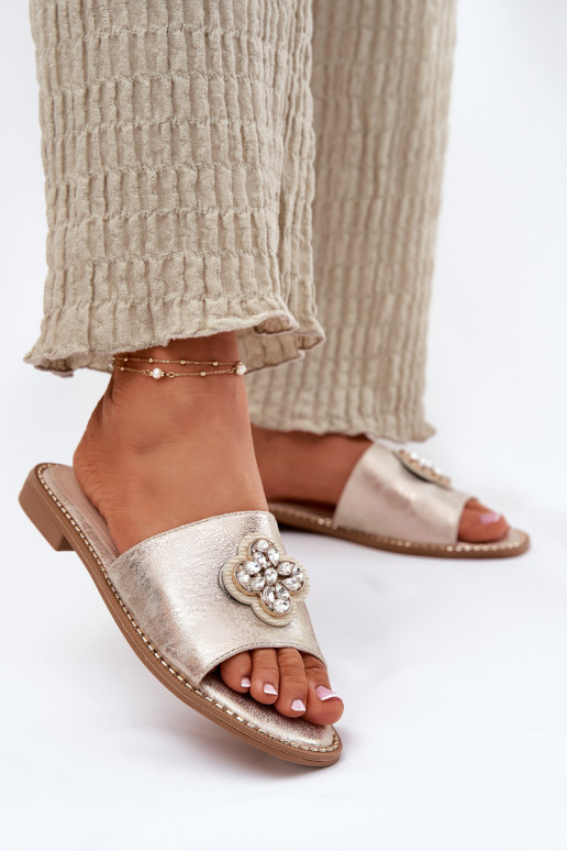 Damenhausschuhe mit breiten Absätzen Mit Dekorationen Detalem S.Barski KV51-087 goldene Farbe