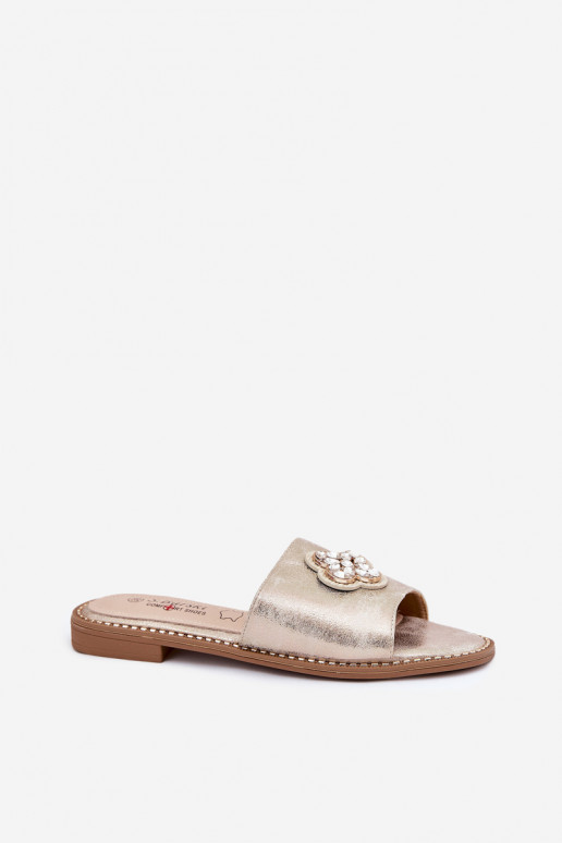 Damenhausschuhe mit breiten Absätzen Mit Dekorationen Detalem S.Barski KV51-087 goldene Farbe