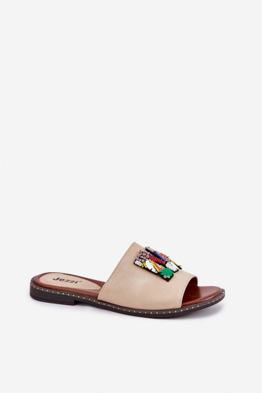 Damenhausschuhe mit breiten Absätzen mit Ornamenten goldene Farbe Clelione