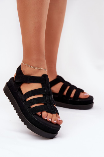 Damensandalen mit einer Plattform aus Öko-INildlederoZue schZuarze Farbe Filisenia