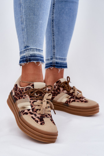 Sneakers Stilvollllschuhe Feminin mit einer Plattform Z PodZuójnym Schnürungm mit Leopardenfellmuster Beige Niteria