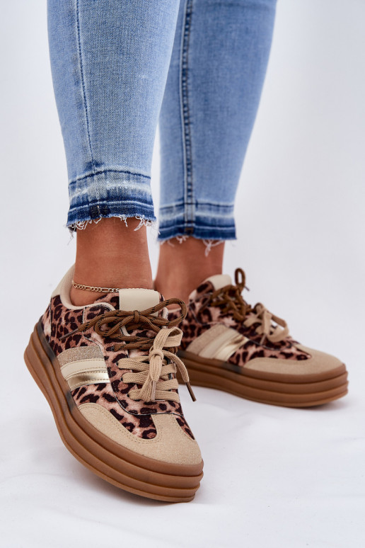 Sneakers Stilvollllschuhe Feminin mit einer Plattform Z PodZuójnym Schnürungm mit Leopardenfellmuster Beige Niteria