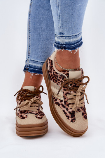 Sneakers Stilvollllschuhe Feminin mit einer Plattform Z PodZuójnym Schnürungm mit Leopardenfellmuster Beige Niteria 2