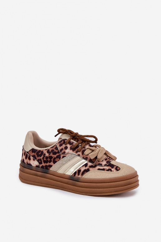 Sneakers Stilvollllschuhe Feminin mit einer Plattform Z PodZuójnym Schnürungm mit Leopardenfellmuster Beige Niteria
