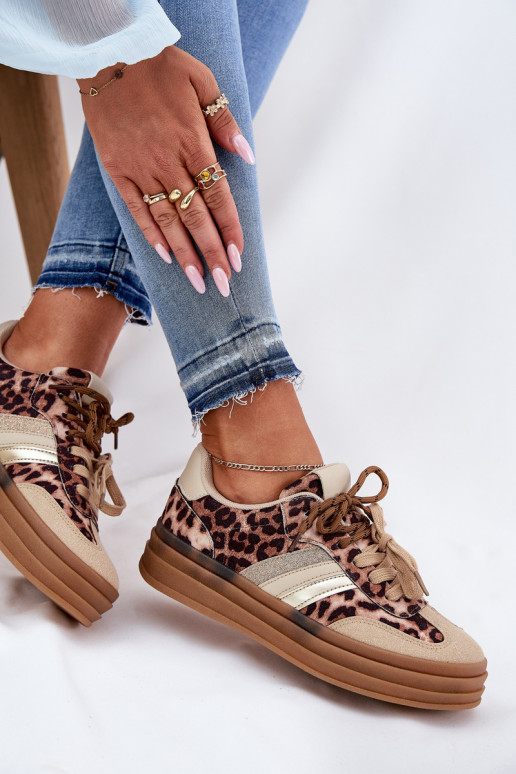 Sneakers Stilvollllschuhe Feminin mit einer Plattform Z PodZuójnym Schnürungm mit Leopardenfellmuster Beige Niteria