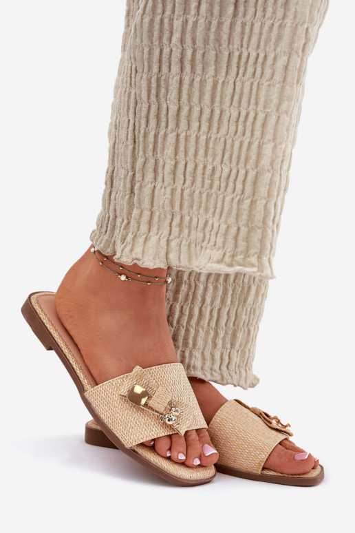 Damenhausschuhe mit breiten Absätzen mit Bändern Beige Sallariela