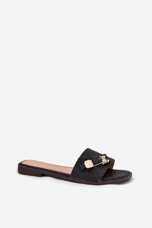 Damenhausschuhe mit breiten Absätzen mit Bändern schZuarze Farbe Sallariela