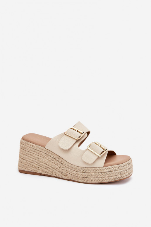 Damenhausschuhe Auf einem Keil Mit Zopf I mit Schnallenmi Beige Pasinea