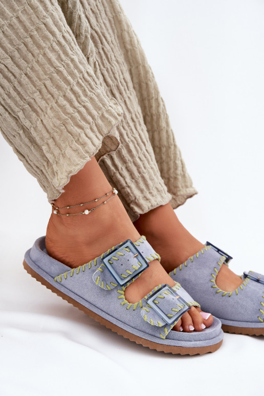 Damenhausschuhe mit Schnallen I Ozdobnym Obszyciem blaue Farbe Visley