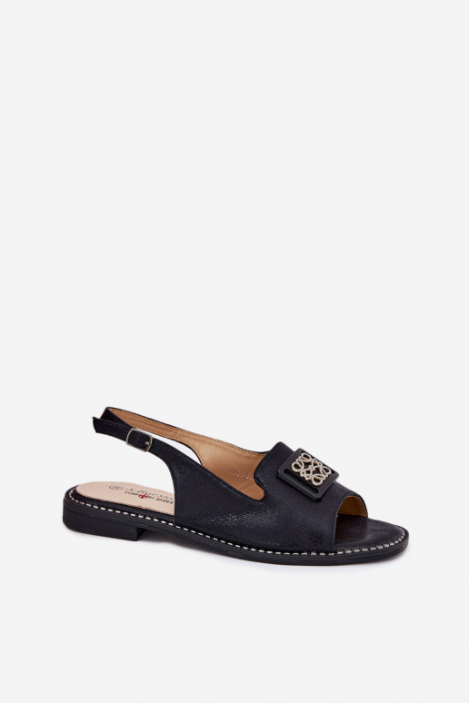 Eleganter Stil Damensandalen mit breiten Absätzen mit Ornamenten S.Barski KV51-082 schZuarze Farbe