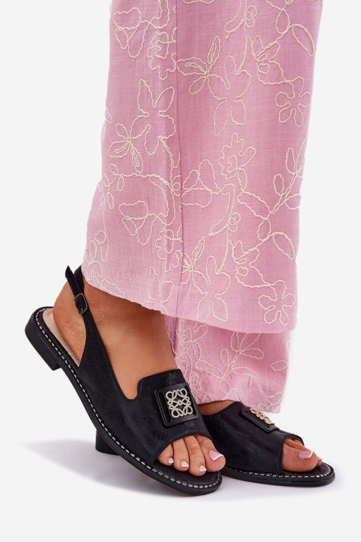 Eleganter Stil Damensandalen mit breiten Absätzen mit Ornamenten S.Barski KV51-082 schZuarze Farbe