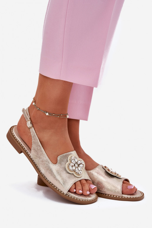 Damensandalen mit breiten Absätzen Mit Dekorationen Detalem S.Barski KV51-080 goldene Farbe