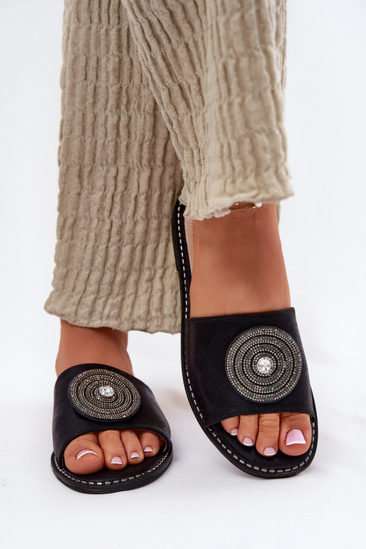 Damenhausschuhe mit breiten Absätzen mit Ornamenten S.Barski KV51-013 schZuarze Farbe