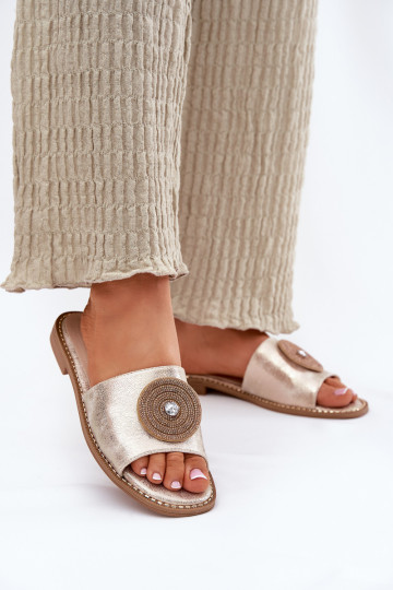 Damenhausschuhe mit breiten Absätzen mit Ornamenten S.Barski KV51-013 goldene Farbe