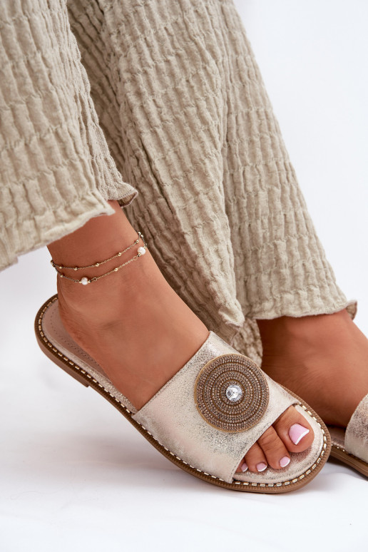 Damenhausschuhe mit breiten Absätzen mit Ornamenten S.Barski KV51-013 goldene Farbe