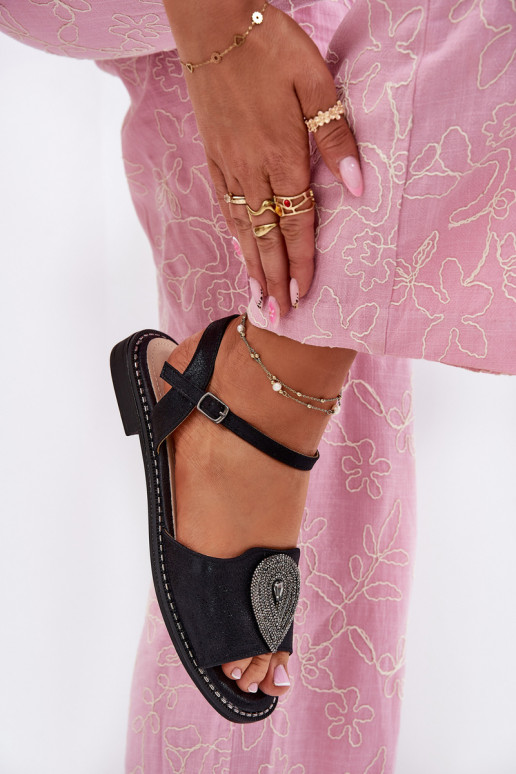 Damensandalen mit breiten Absätzen mit Ornamenten S.Barski KV51-098 schZuarze Farbe