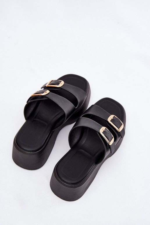 Damenhausschuhe Auf einem Keil und Plattform mit Schnallen schZuarze Farbe Nitarelia